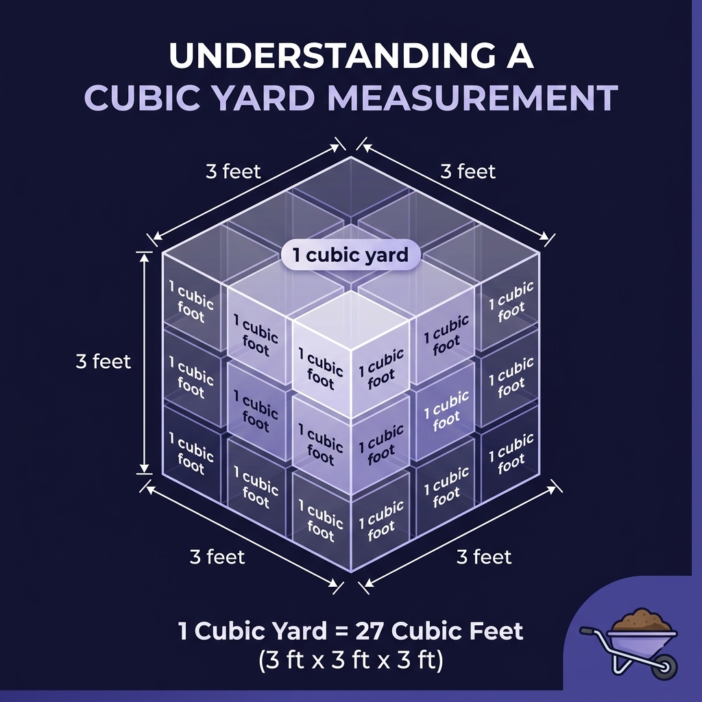 Diagram showing one cubic yard equals a 3ft Ã— 3ft Ã— 3ft cube containing 27 cubic feet