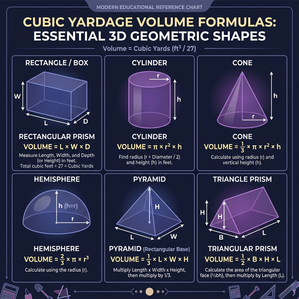 Infographic showing cubic yard formulas for different geometric shapes: rectangle, cylinder, cone, hemisphere, pyramid, and triangular prism